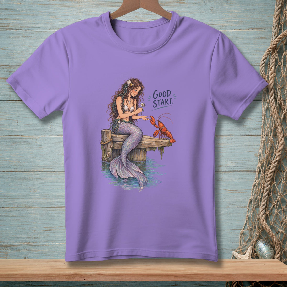 Mermaid on pier offering flower to lobster, with text "GOOD START."