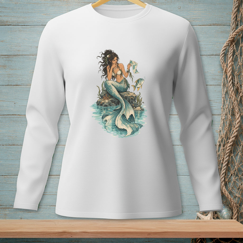 Illustration of a mermaid sitting on a rock with a fish and a map.