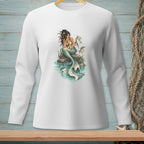 Illustration of a mermaid sitting on a rock with a fish and a map.