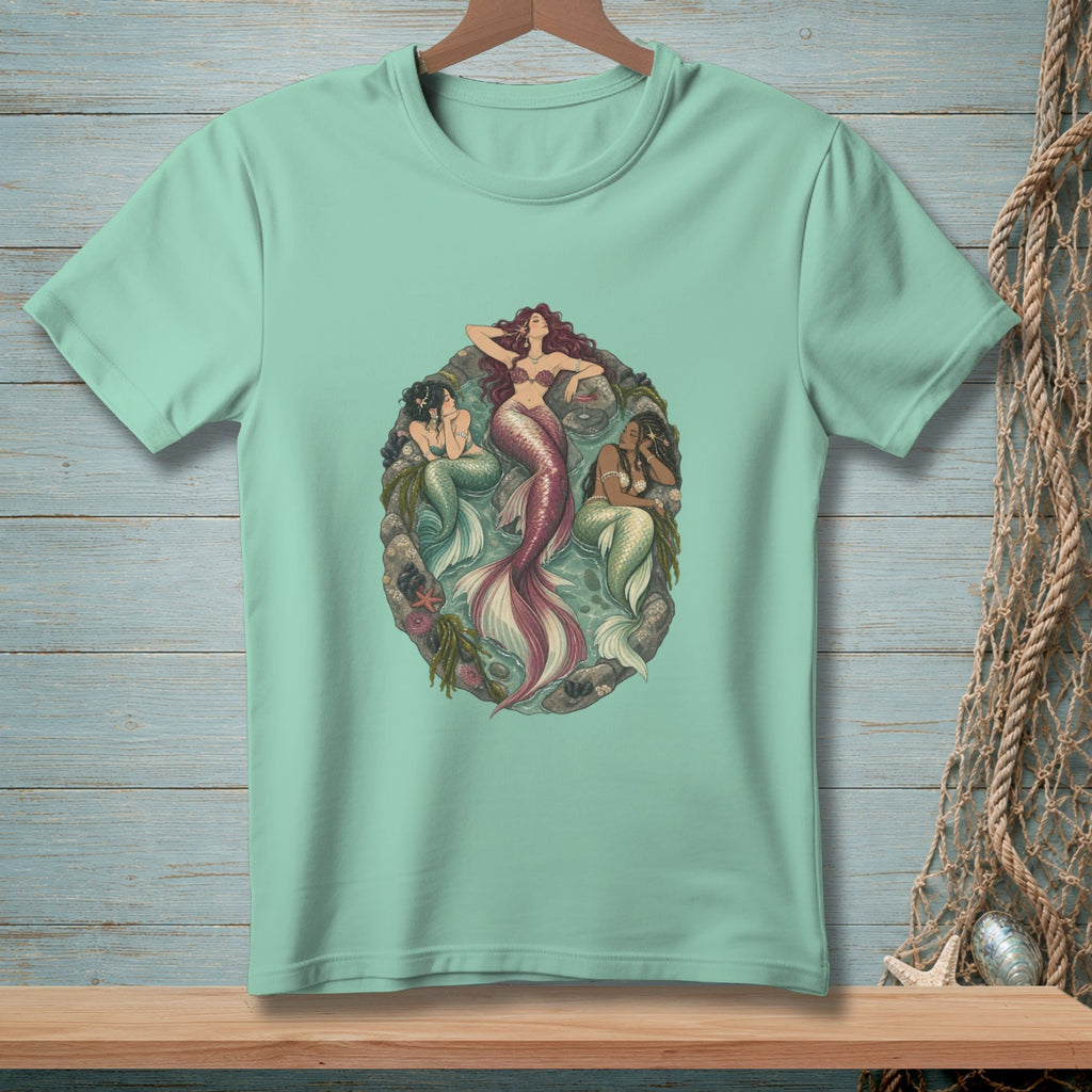 Mint t-shirt with three mermaids lounging amongst seaweed and rocks.