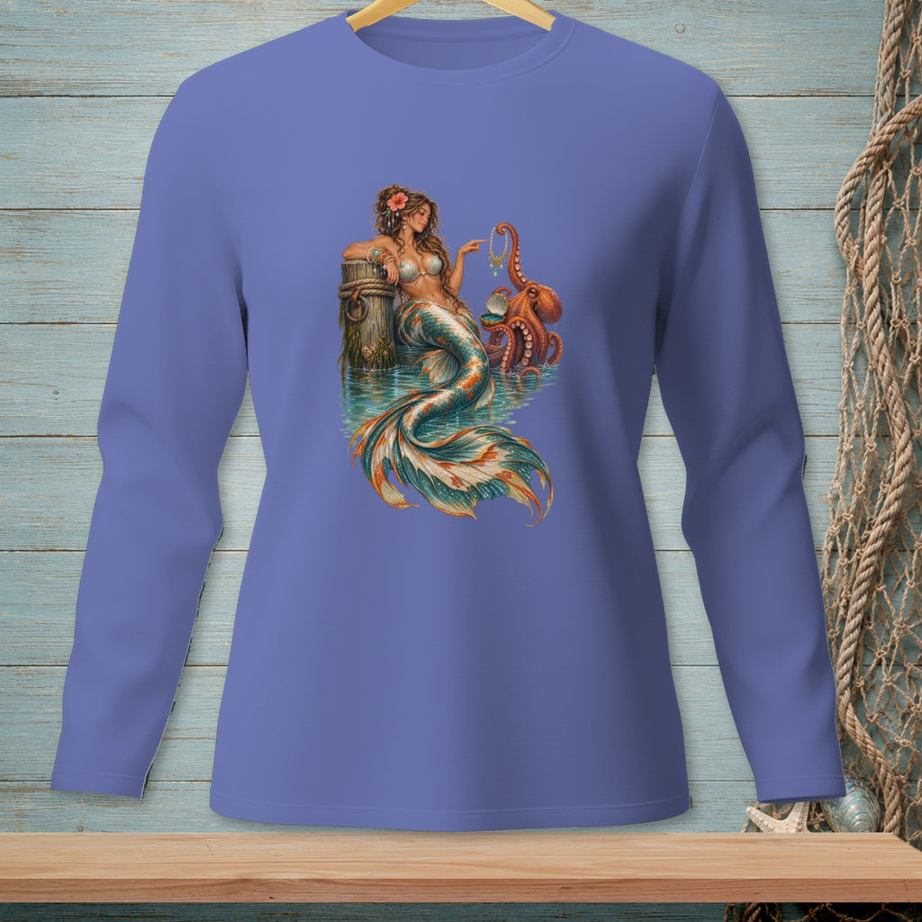 Mermaid with octopus and jewelry on a long-sleeve shirt.