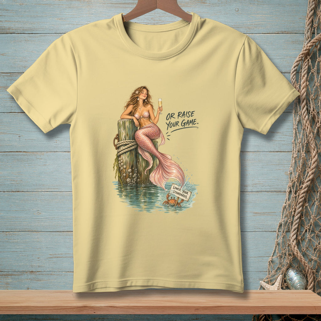 Mermaid on post with champagne glass, text "Or Raise Your Game." Crab holds sign.