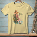 Mermaid on post with champagne glass, text "Or Raise Your Game." Crab holds sign.