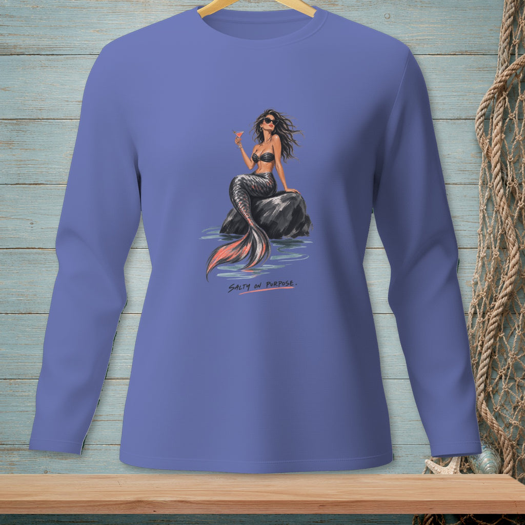 Long sleeve shirt with a mermaid holding a drink and text "SALTY ON PURPOSE."