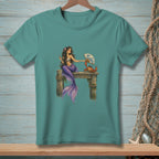 Mermaid sitting on a dock holding a fan towards a crab.