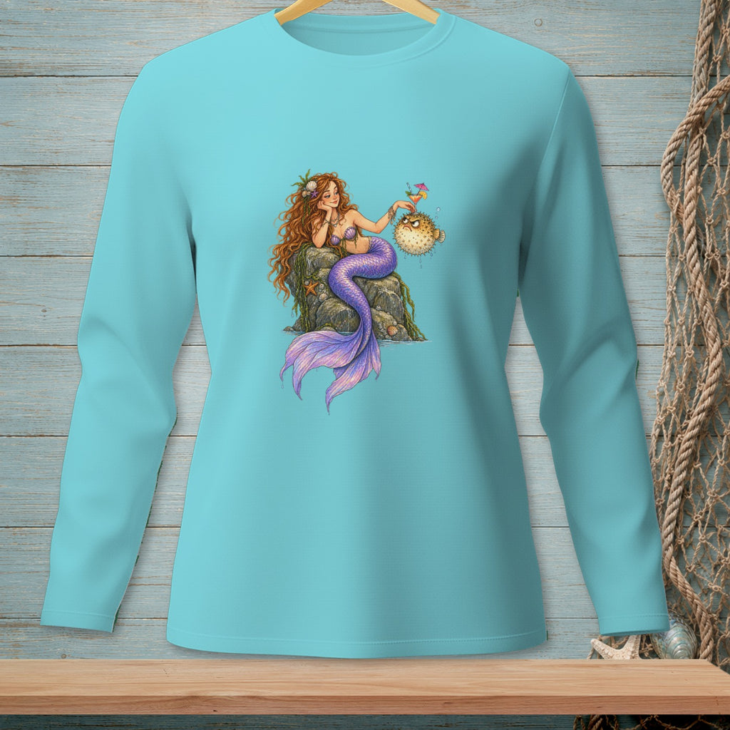 Mermaid with purple tail on rock offers a cocktail to a puffed-up pufferfish.