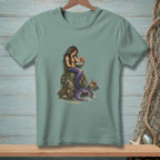 Mermaid reading a book on a rock with crabs and starfish.