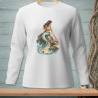 White long sleeve shirt with a mermaid sitting on a rock holding a crab.