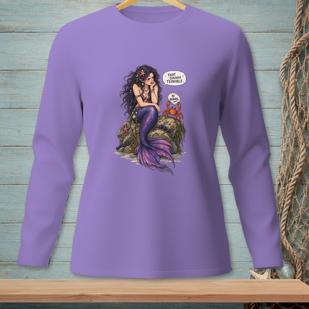 Purple long sleeve shirt with mermaid and crab graphic that says "Be Normal".