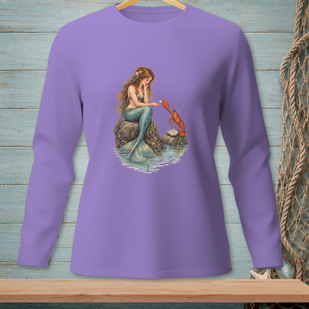 Mermaid holding a pearl with a lobster on a rock in water.