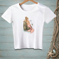 White t-shirt with a mermaid graphic holding a drink next to a wooden post.