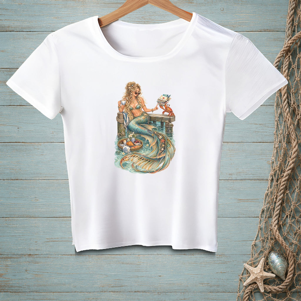 Mermaid with coffee and crab on pier, detailed tail, on white t-shirt.