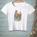 Mermaid with coffee and crab on pier, detailed tail, on white t-shirt.