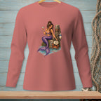 Mermaid holding a martini next to a crab with a "Too Much?" sign.