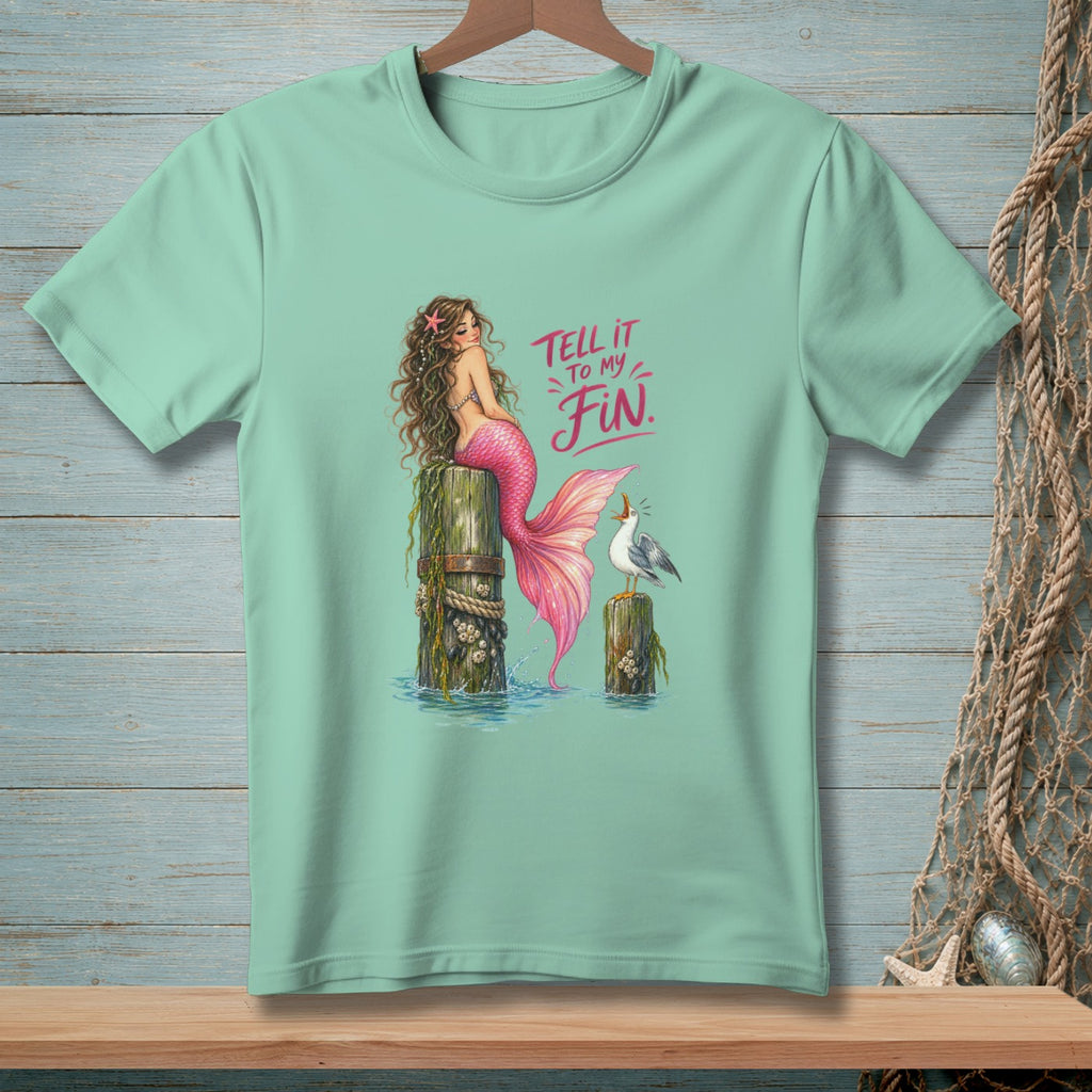 Mint t-shirt with a mermaid and bird graphic and the text "Tell It To My Fin."