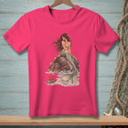 Mermaid sitting on rocks with a crab in the water, illustration on a pink t-shirt.