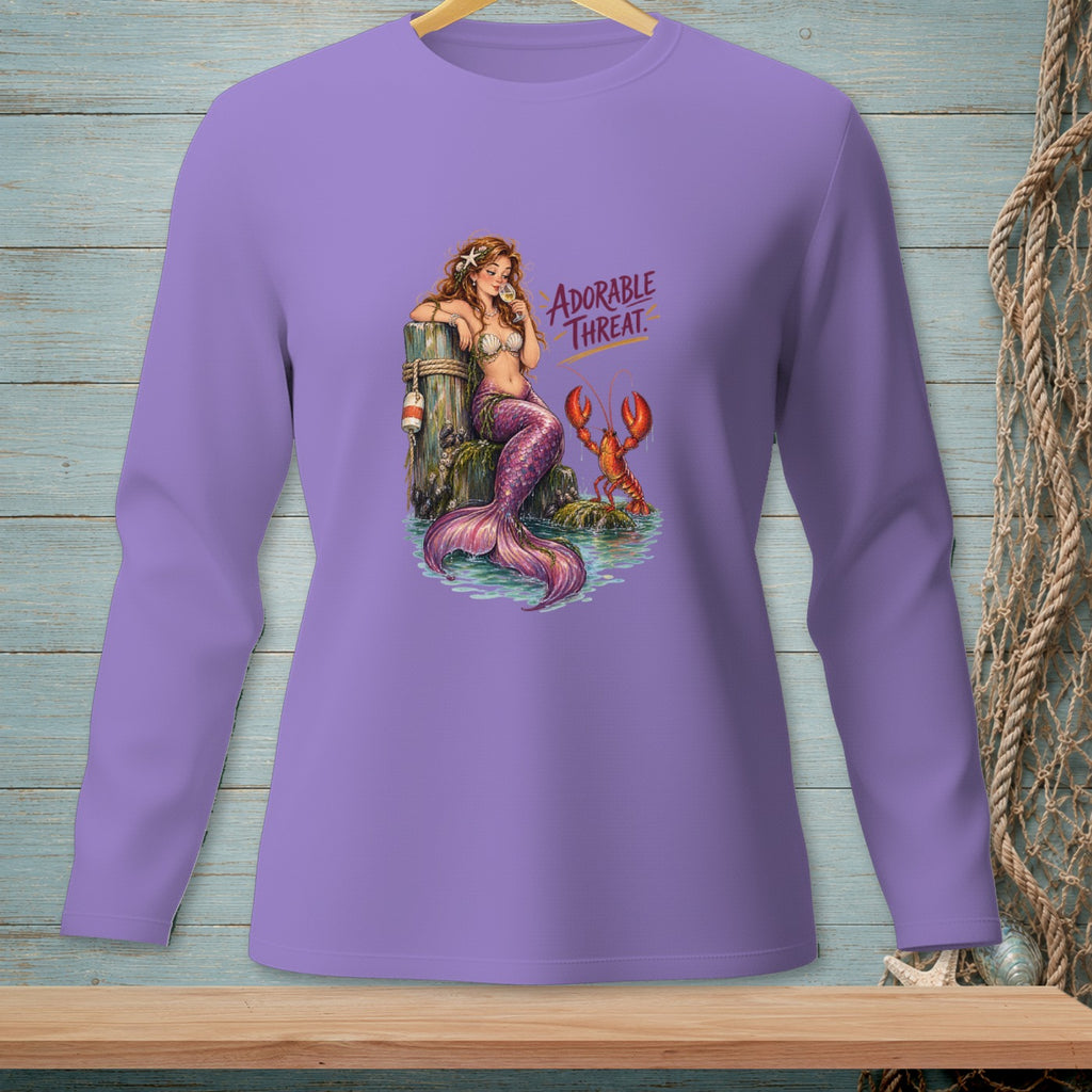 Mermaid with a lobster and text "ADORABLE THREAT." on a purple shirt.