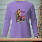 Mermaid with a lobster and text "ADORABLE THREAT." on a purple shirt.