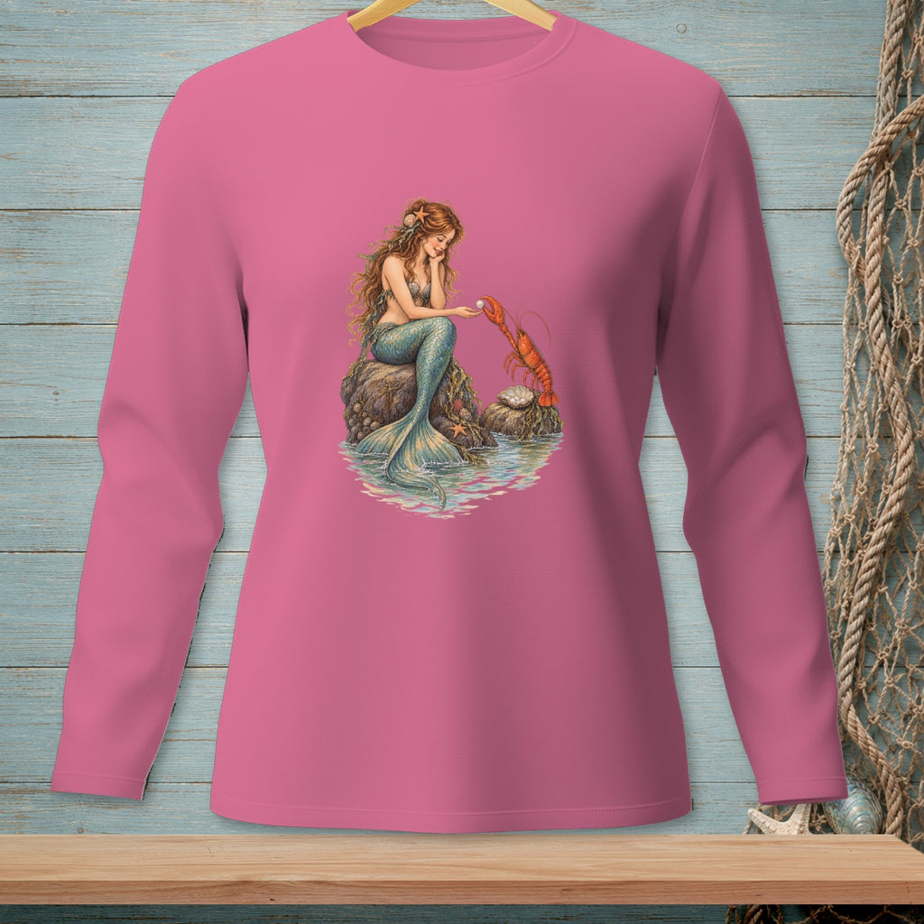 Pink long-sleeve shirt with a mermaid holding a pearl next to a lobster.