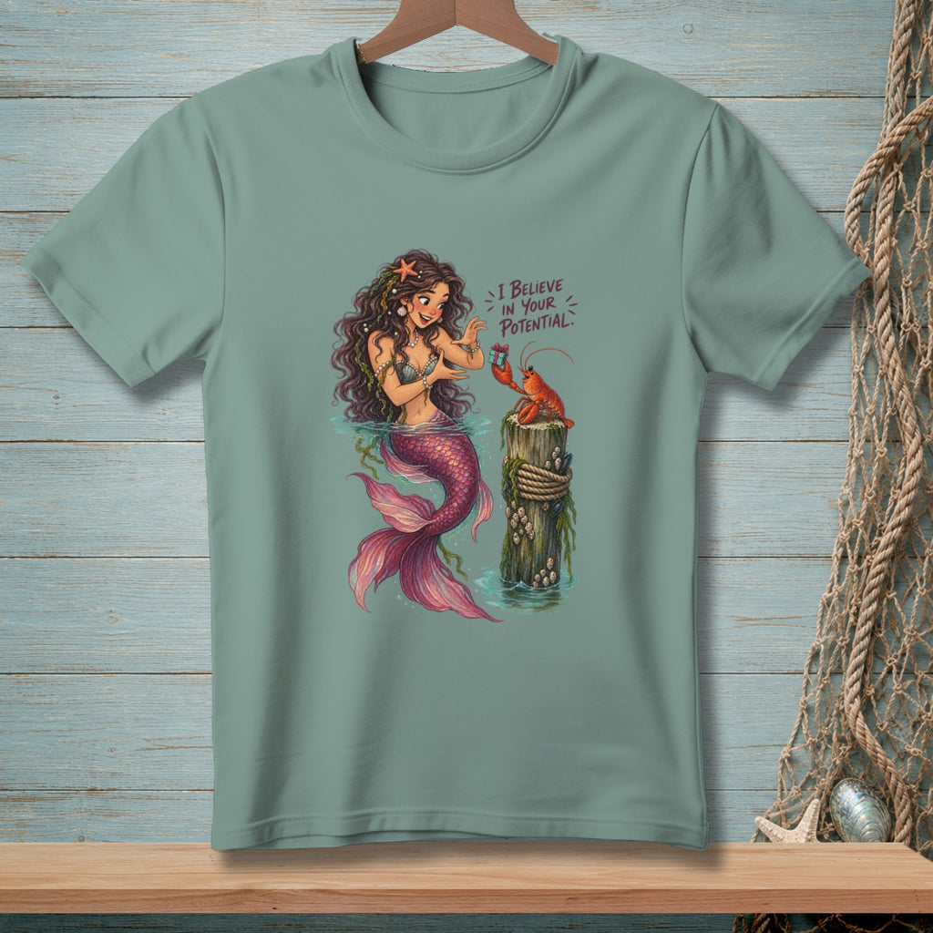 Mermaid with pink tail and lobster, with text "I BELIEVE IN YOUR POTENTIAL."