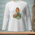 White long-sleeve shirt with a mermaid, crab, and cocktail printed on the chest.