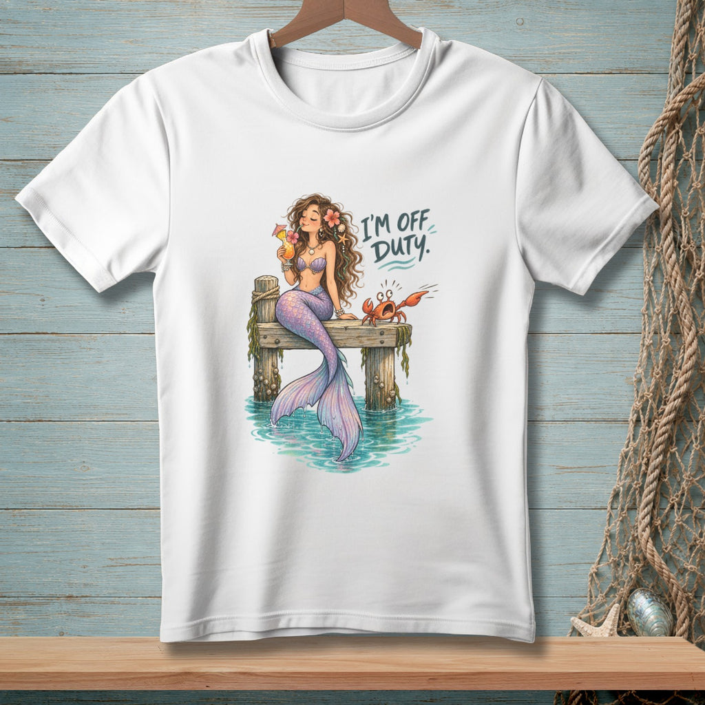 White t-shirt graphic of a mermaid with a drink and crab saying "I'm off duty."