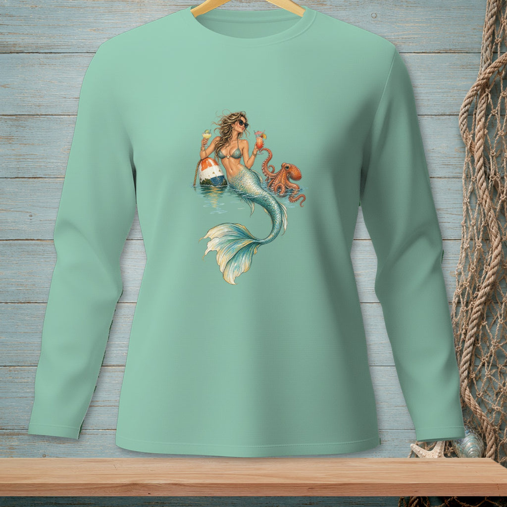 Mermaid with drinks and octopus on a mint green long sleeve shirt.