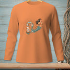 Mermaid with a seagull on a "NO WAKE" buoy on an orange long-sleeved shirt.