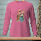 Pink long-sleeve shirt with a graphic of a mermaid, crab, and beach scene.