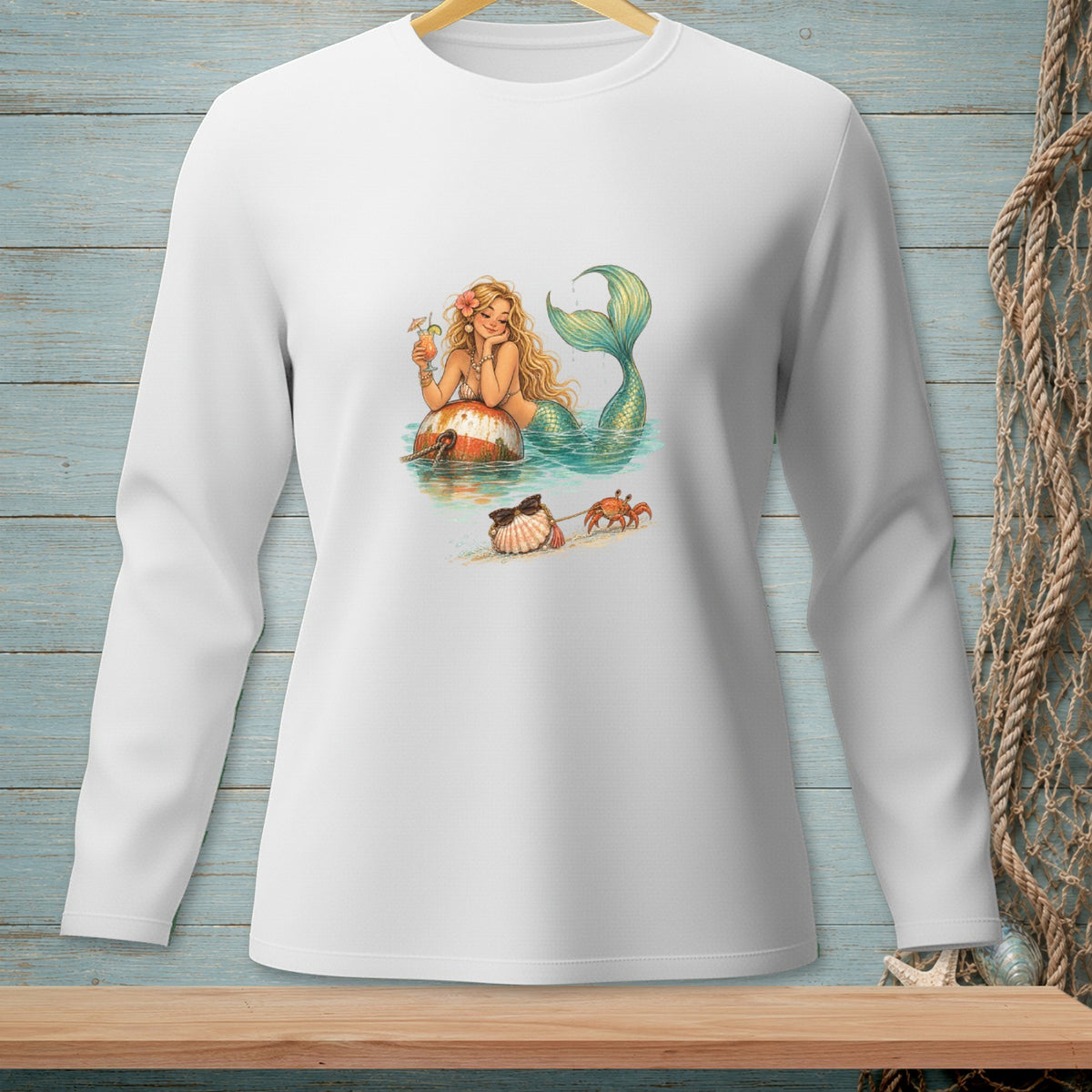 Illustration of a mermaid with a cocktail and a crab pulling a shell on a beach.