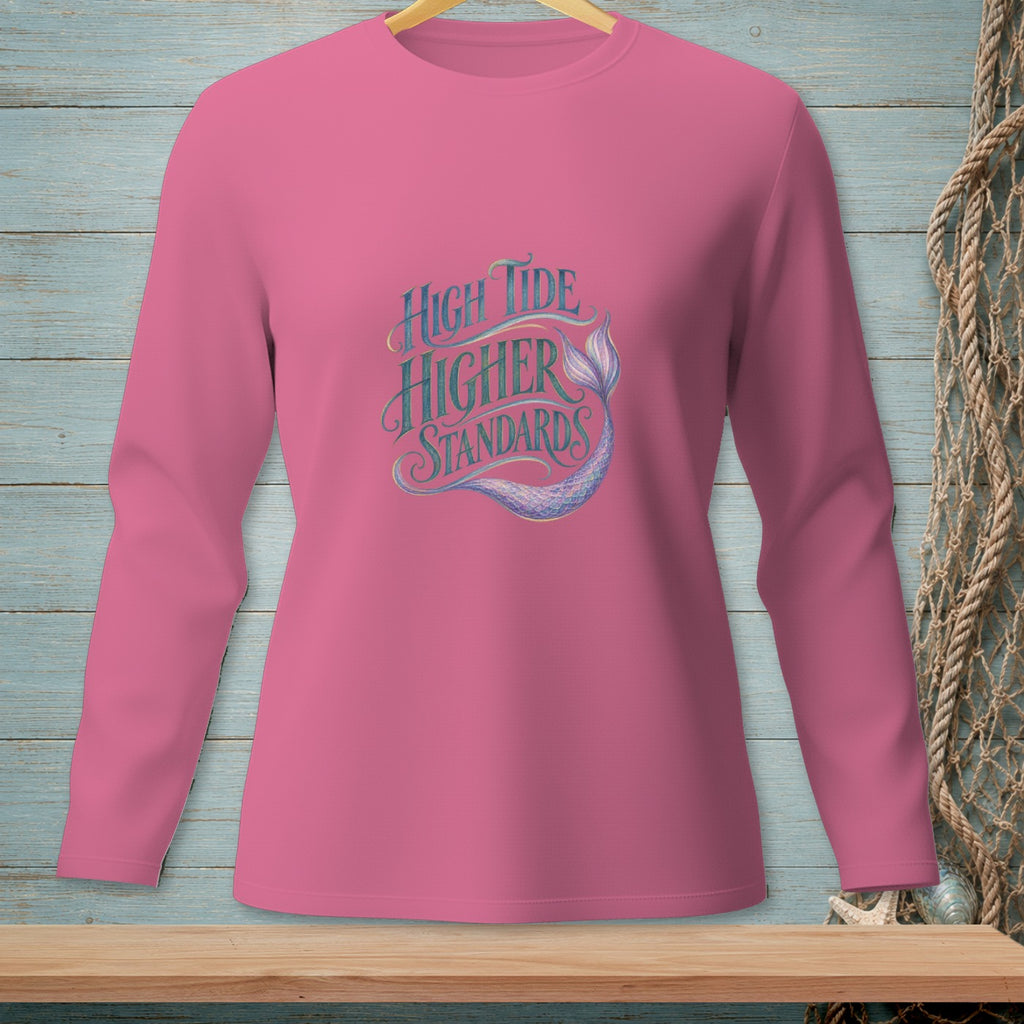 Pink long-sleeve shirt with "High Tide Higher Standards" text and mermaid tail graphic.