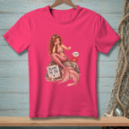 Mermaid with pink tail on rock with "BLAME THE TAIL" sign and crab.