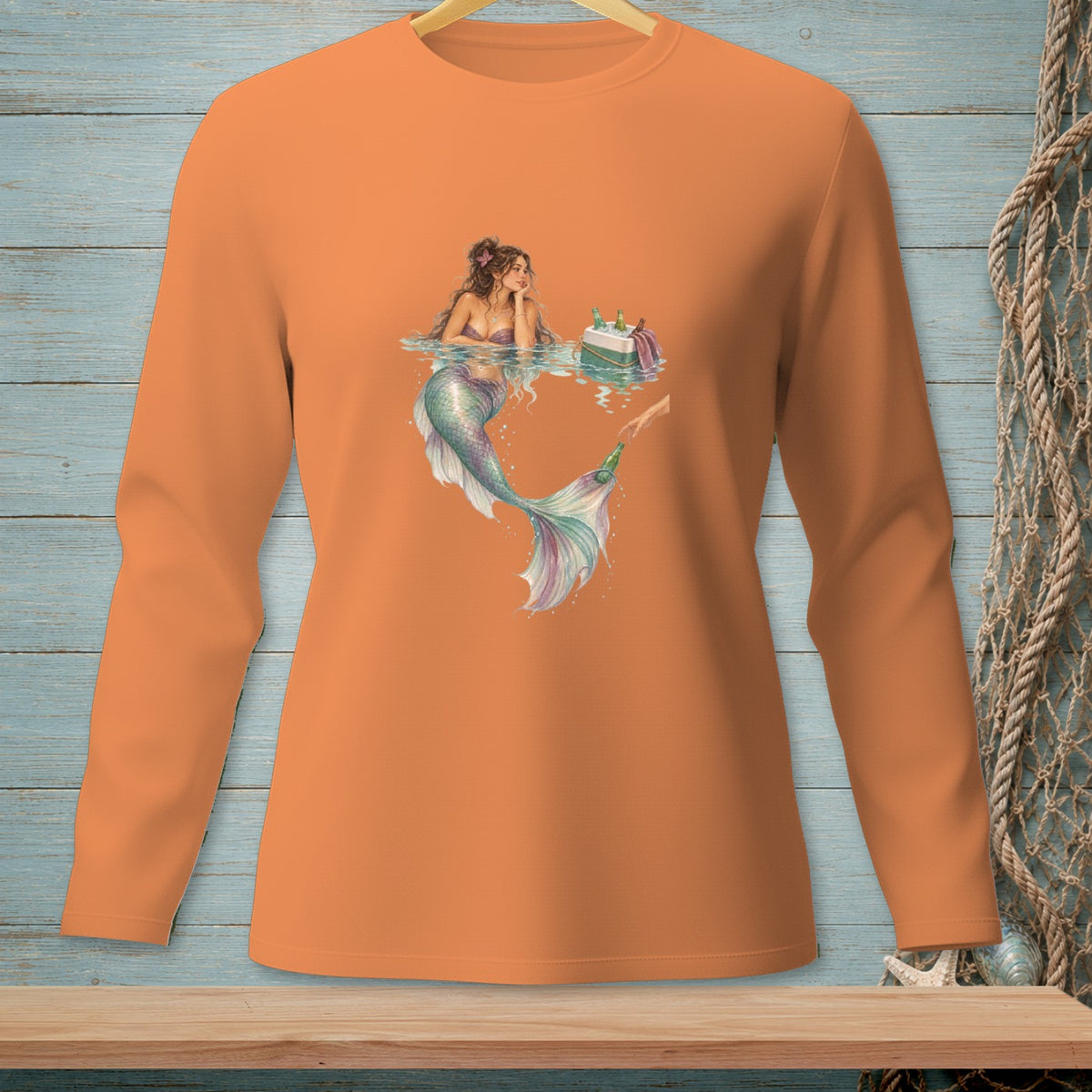 Illustration of a mermaid with a cooler of drinks in water.
