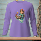Illustration of a mermaid holding a drink on a rock with a crab and cocktails.