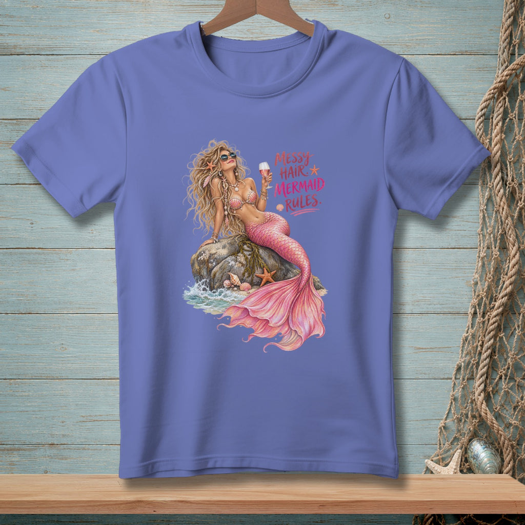 Purple t-shirt with a mermaid illustration and text "Messy Hair Mermaid Rules".