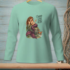 Green long-sleeve shirt with a mermaid, crab, and text "Crabby looks good on you."