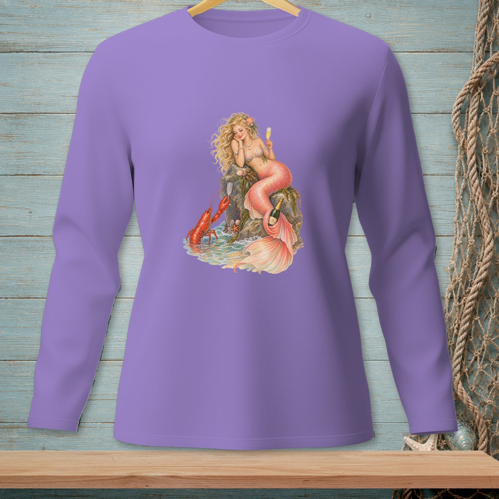 Lavender long-sleeve shirt with mermaid and lobster graphic.