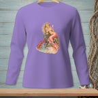 Lavender long-sleeve shirt with mermaid and lobster graphic.