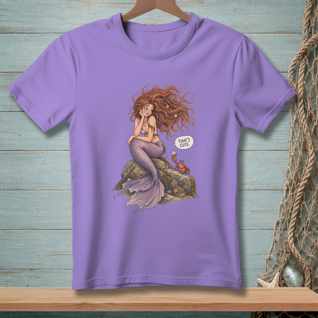 Purple t-shirt with a cartoon mermaid sitting on a rock next to a crab.