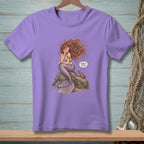 Purple t-shirt with a cartoon mermaid sitting on a rock next to a crab.