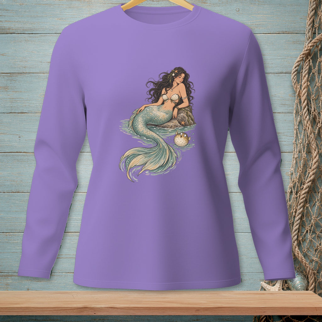 Purple long-sleeve shirt with a mermaid and pufferfish illustration.