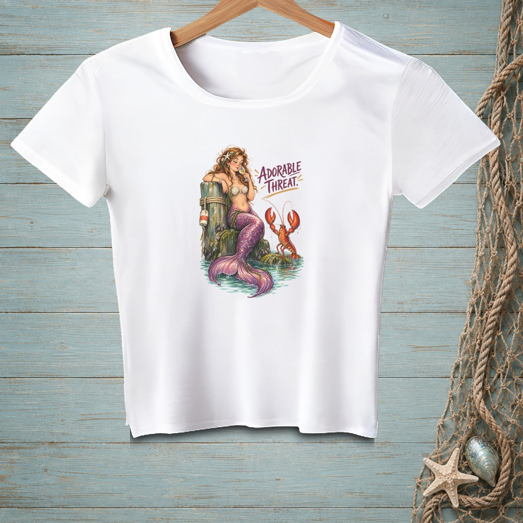 White t-shirt with a mermaid and lobster graphic and the text "ADORABLE THREAT".