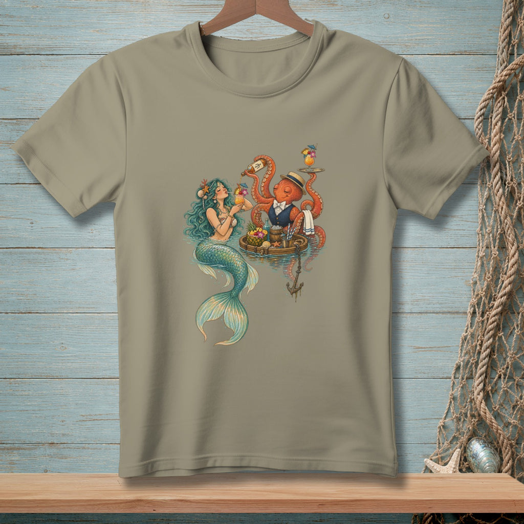 T-shirt with a mermaid drinking a cocktail served by an octopus waiter.