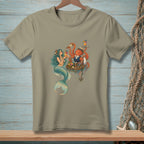 T-shirt with a mermaid drinking a cocktail served by an octopus waiter.