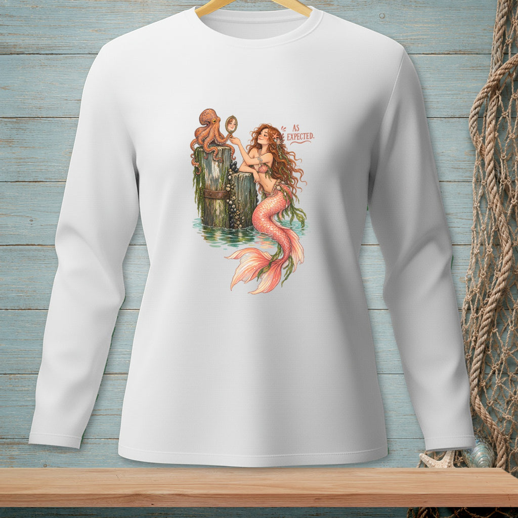 White long-sleeve shirt with a mermaid, octopus, and text "AS EXPECTED."