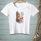 White t-shirt with a graphic of a mermaid and the text "Don't Touch The Mermaid Hair".