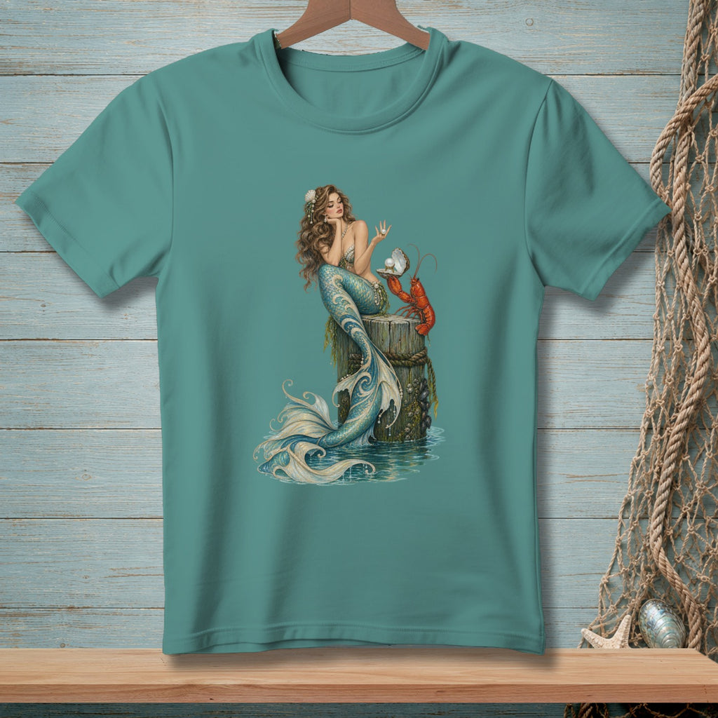Mermaid with lobster and pearl on weathered post illustration on teal t-shirt.