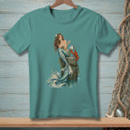 Mermaid with lobster and pearl on weathered post illustration on teal t-shirt.