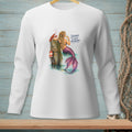 White long sleeve shirt with mermaid, lobster, and text "Silence is also an answer".
