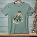 T-shirt with a mermaid holding a drink next to a crab and a pearl.